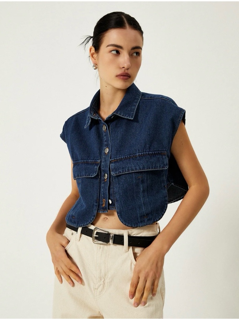 Cropped Denim Vest with Front Pockets